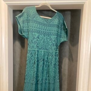 Peruvian Connection 100% Pima Cotton Textured Knit Midi Dress Size M Green Teal